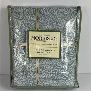 William Morris Queen Sheet Set Blue White Floral Leaf 100% Cotton 4 Pc NEW